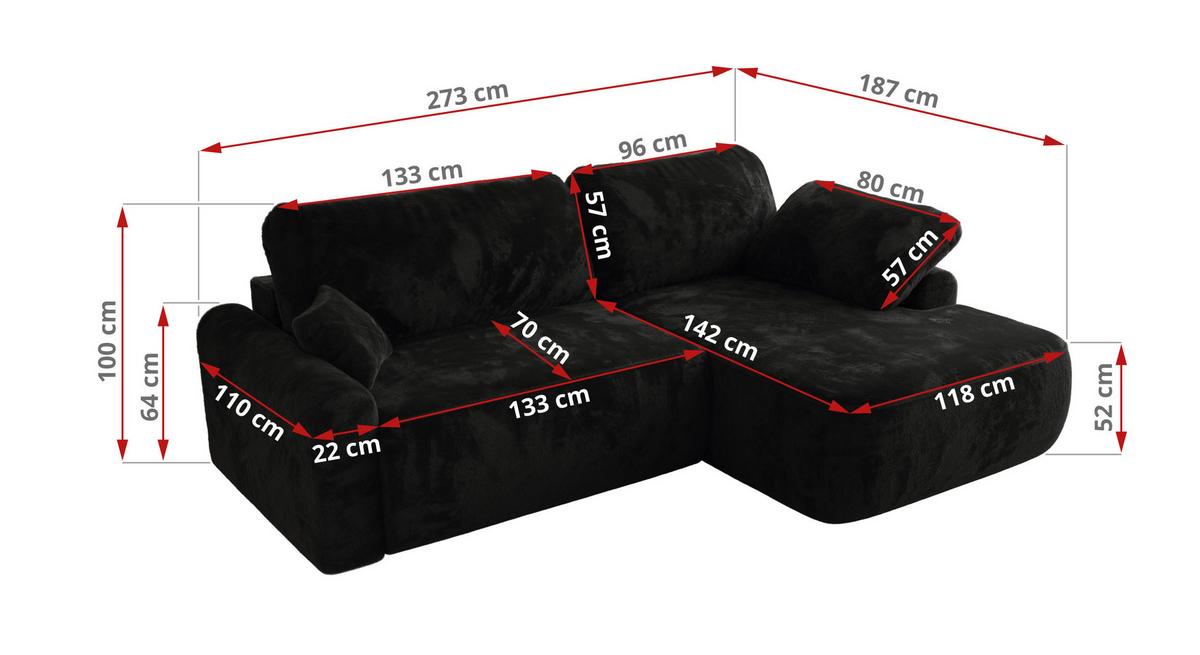 ECKSCHLAFSOFA CUBO L Schwarz Plüsch - links - Schwarz, Kunststoff/Textil (273/187cm) - MKS