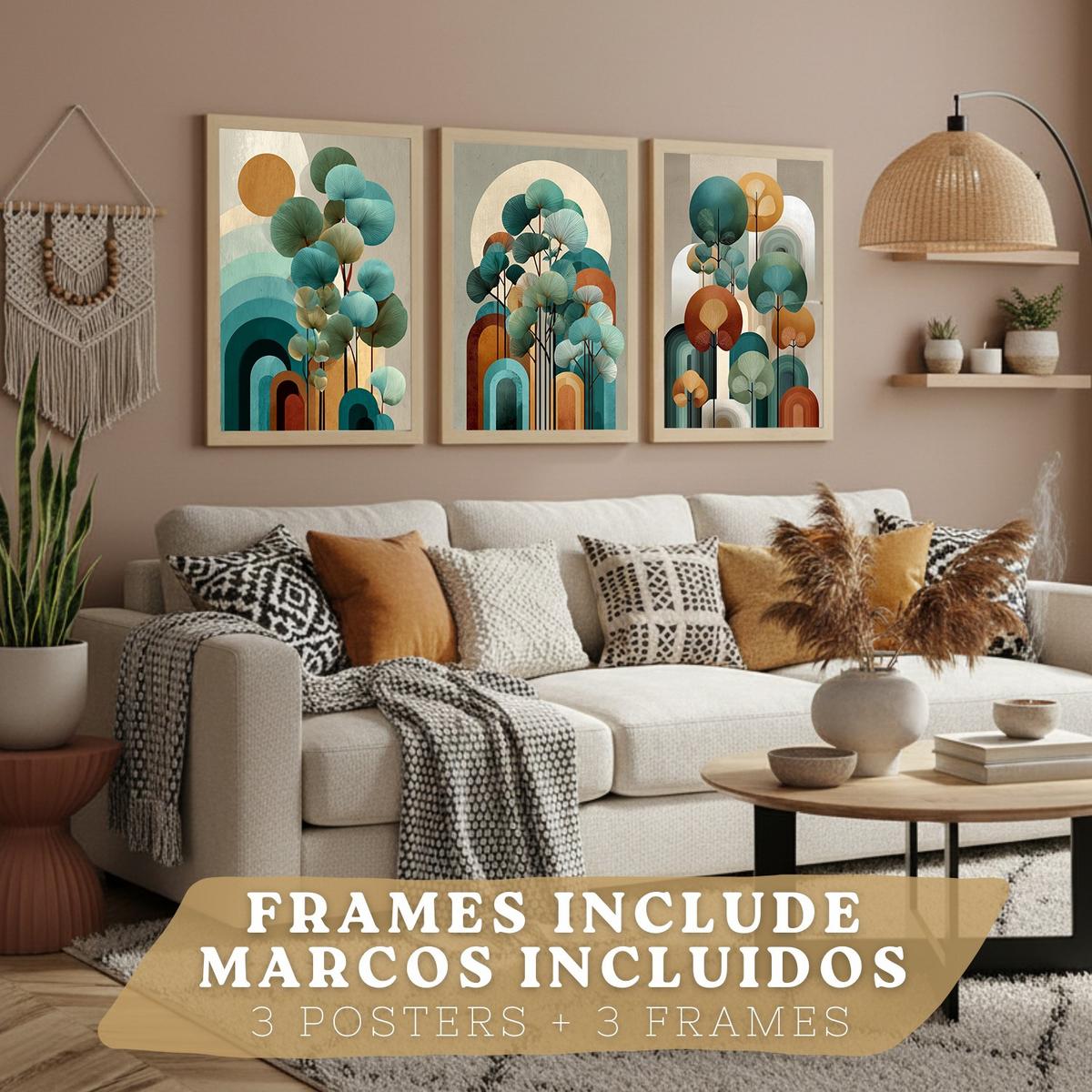 POSTER 3er Kunstdruck-Set Wandbilder Floral Abstrakt Blau Türkis modern Wohnzimmer Deko, Schlafzimmer, Küche, Badezimmer Leichter Holzrahmen A3 - Beige, Papier (29.7/1/42cm) - Nacnic