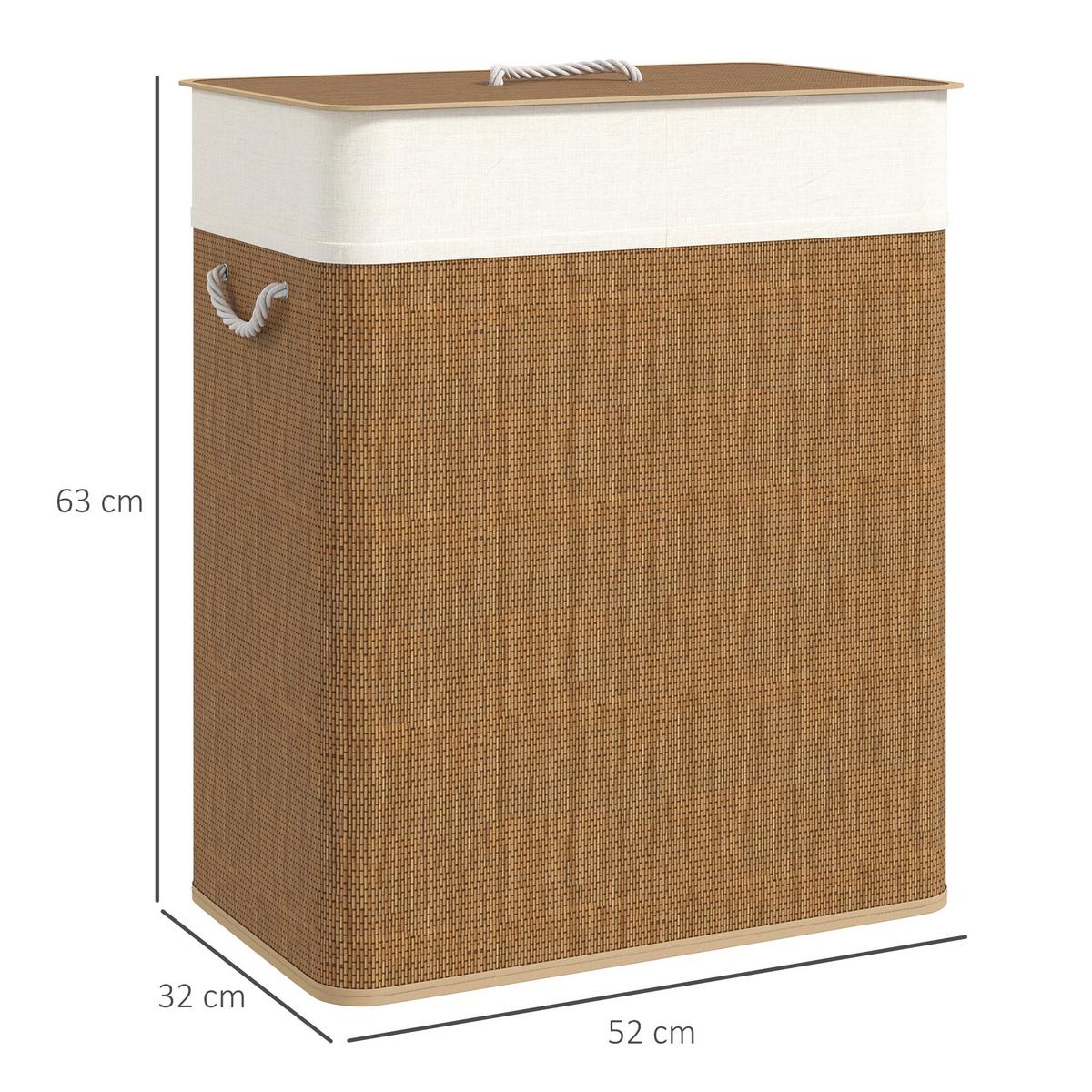 BAMBUS Wäschekorb mit Deckel 2 Fächer 100 L Wäschesammler mit Seilgriffen - Braun, Naturmaterialien (32/63/52cm) - HOMCOM