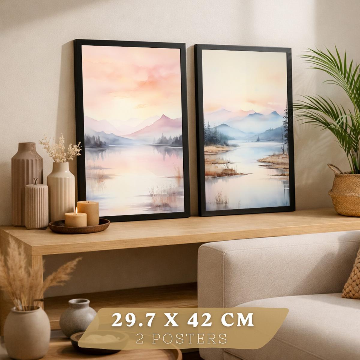 POSTER 2er-Set Wandbilder Sonnenuntergang modern Wohnzimmer Deko, Schlafzimmer, Küche, Badezimmer Rahmenlos A3 - Schwarz, Papier (29.7/1/42cm) - Nacnic