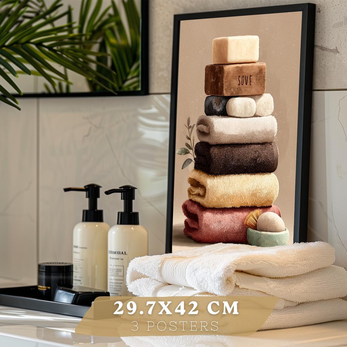 POSTER 3er-Set dekorative Badezimmerbilder, Wanddekoration, natürlichen, für Toilette, mit Handtüchern, Kerzen und Seifen Schwarzer Rahmen A3 - Schwarz, Papier (42/29.7/3cm) - Nacnic