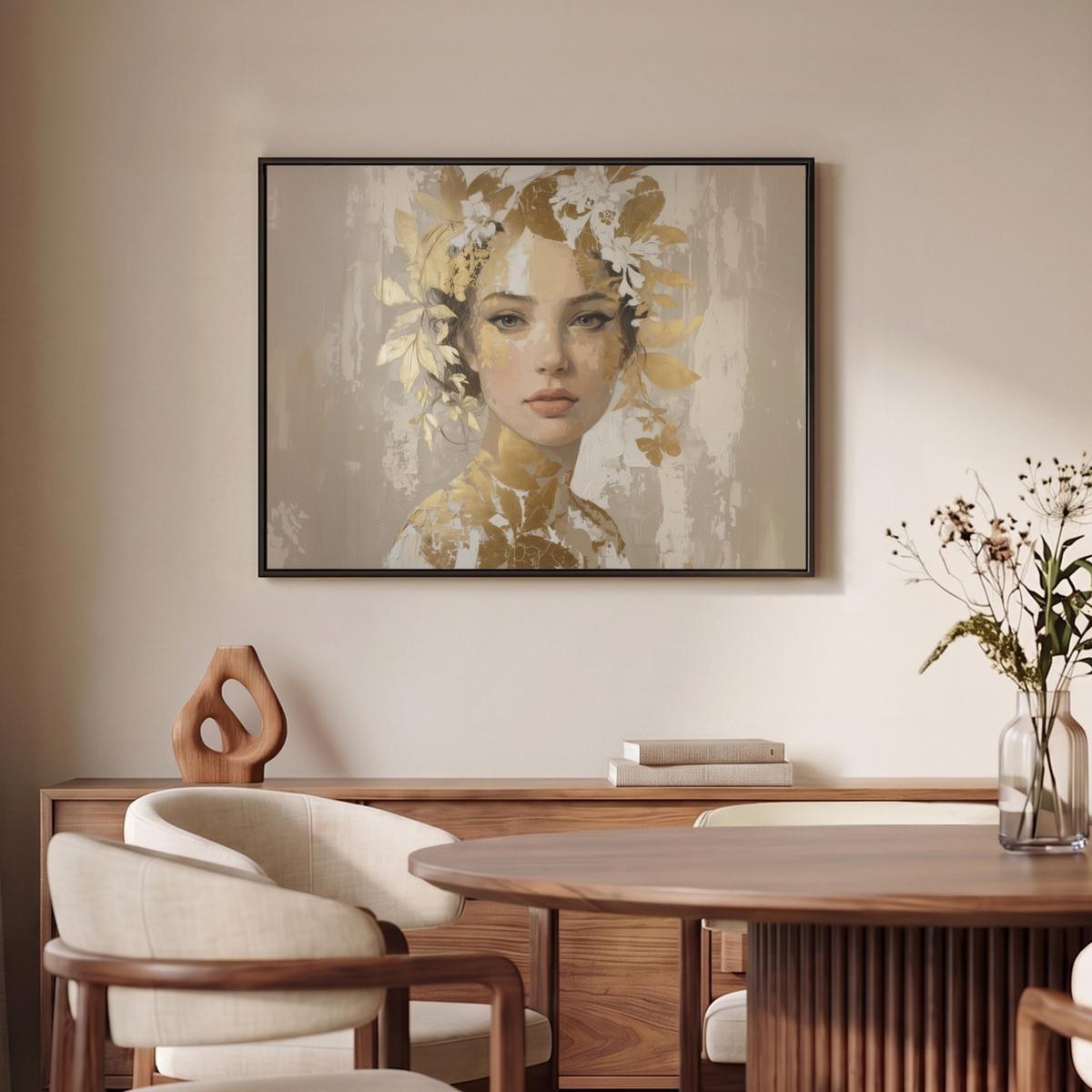 LEINWAND Bilder mit Rahmen - Gesicht - Frau - Blätter - Gold - 70x50 - Beige, Textil (70/50cm) - MuchoWow
