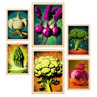 POSTER Set Mit 6 Kraftvolles Gemüse Vollfarbige Plakate Von Obst, Gemüse Und Gesunden Lebensmitteln Im Urban Art Stil A3 & A4 Rahmen Aus Hellem Holz - Beige, Papier (29/3cm) - Nacnic