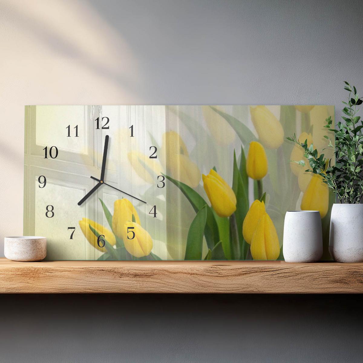 WANDUHR aus Glas 60x30 cm - Tulpen - Gelb, Glas (60/30/0.4cm) - TULUP
