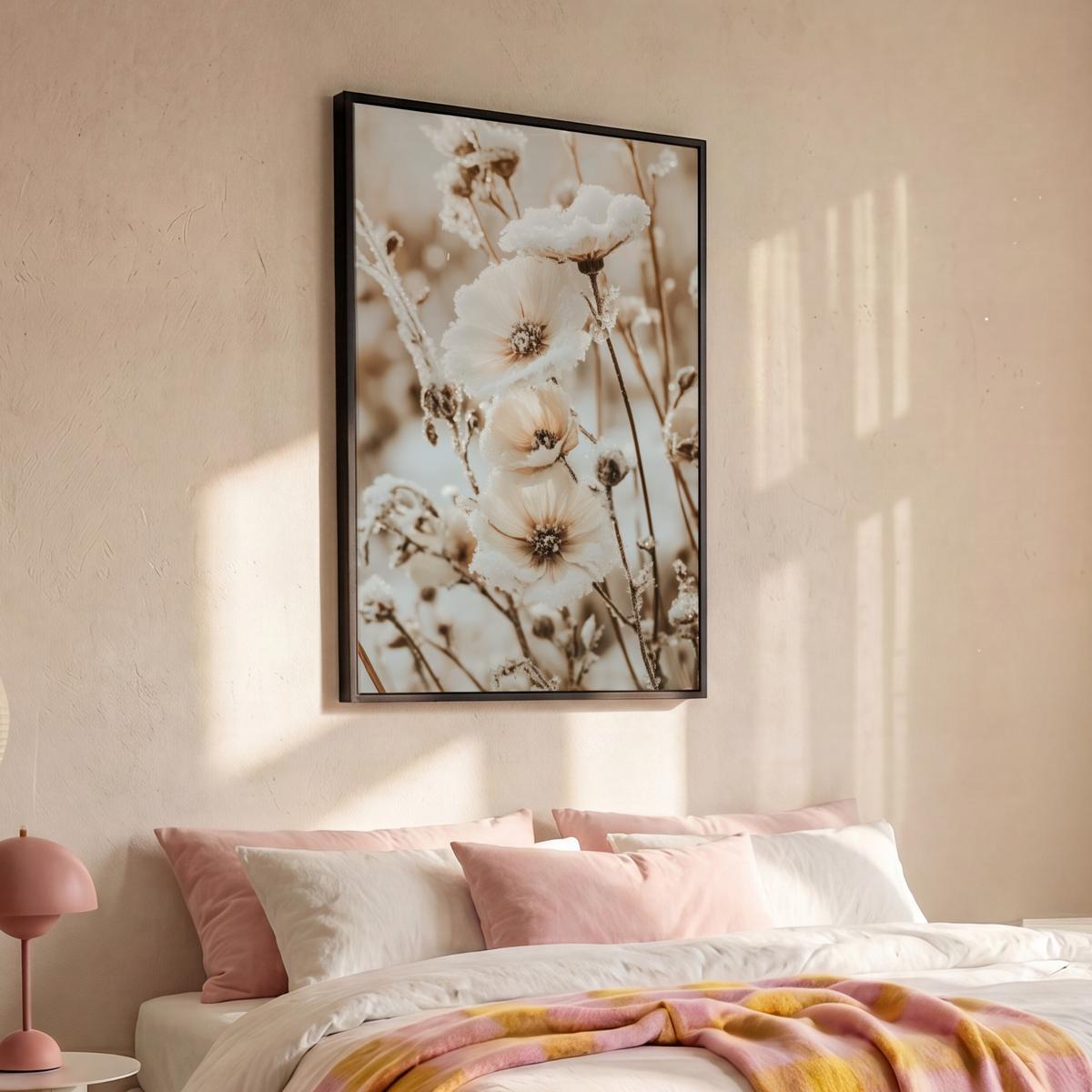 LEINWAND Bilder mit Rahmen - Blumen - Winter - Weiß - Schnee - Beige - 100x150 - Creme, Textil (100/150cm) - MuchoWow