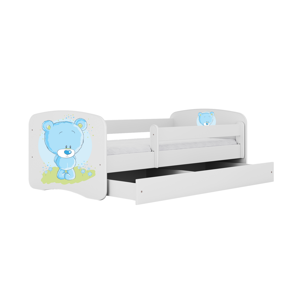 KINDERBETT blauer Teddybär Blumen mit Schublade und Matratze 140/70 - Weiß, Holzwerkstoff (70/140cm) - RAUMHIRSCH FURNITURE