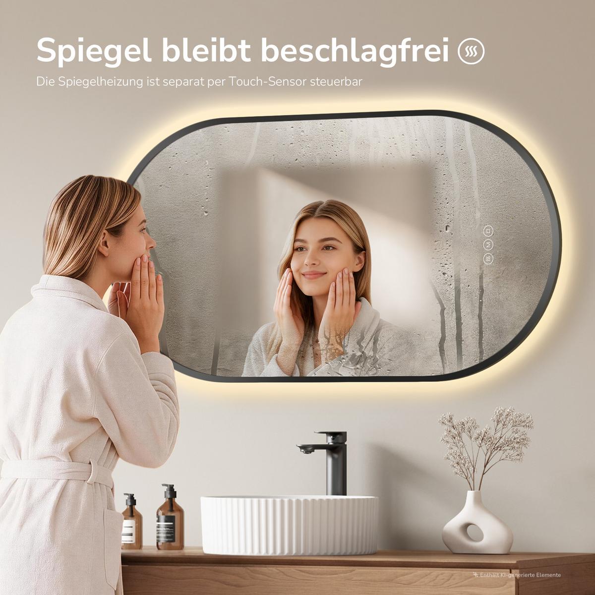 BADSPIEGEL oval mit LED-Beleuchtung 50 x 90 cm Antibeschlag Schwarz - Schwarz, Glas (90/50/3cm) - EMKE