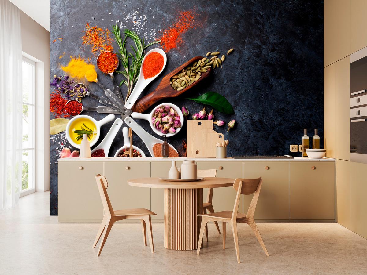 FOTOTAPETE für Küche Orientalische Kräuter Gewürze Löffel 150x105 - Gelb/Rot, Papier (150/105cm) - Muralo