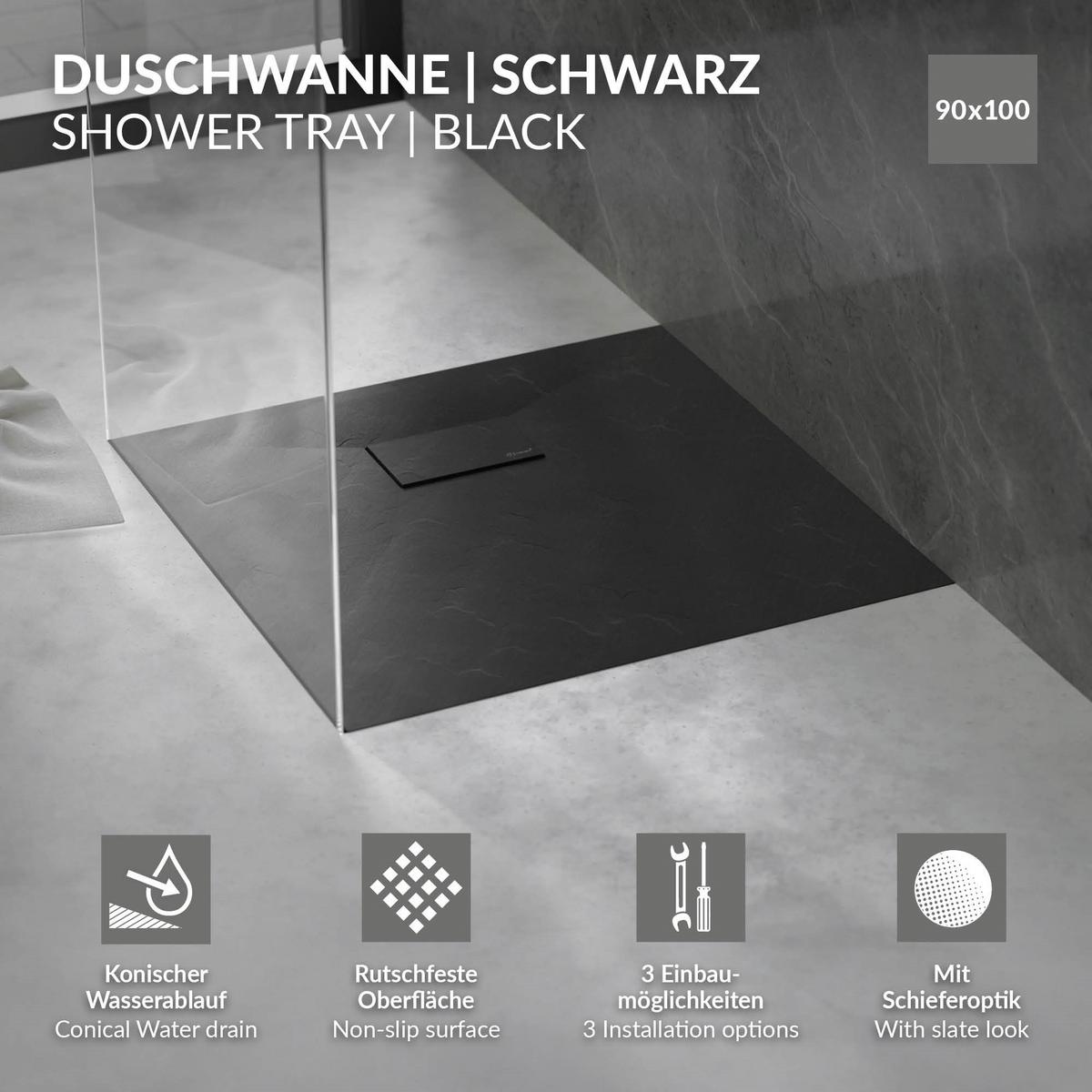 DUSCHWANNE 100x90 cm Schwarz mit Ablaufgarnitur aus SMC - Schwarz, Kunststoff (90/3/100cm) - LuxeBath