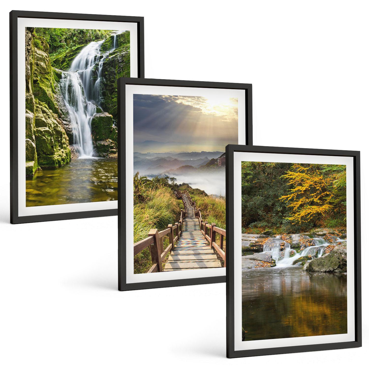 BILDER SET 3er Set - 40x60 cm Schwarzer Rahmen - Wasserfälle, Berge, Wolken, Herbst - Schwarz, Kunststoff (40/60cm) - TULUP