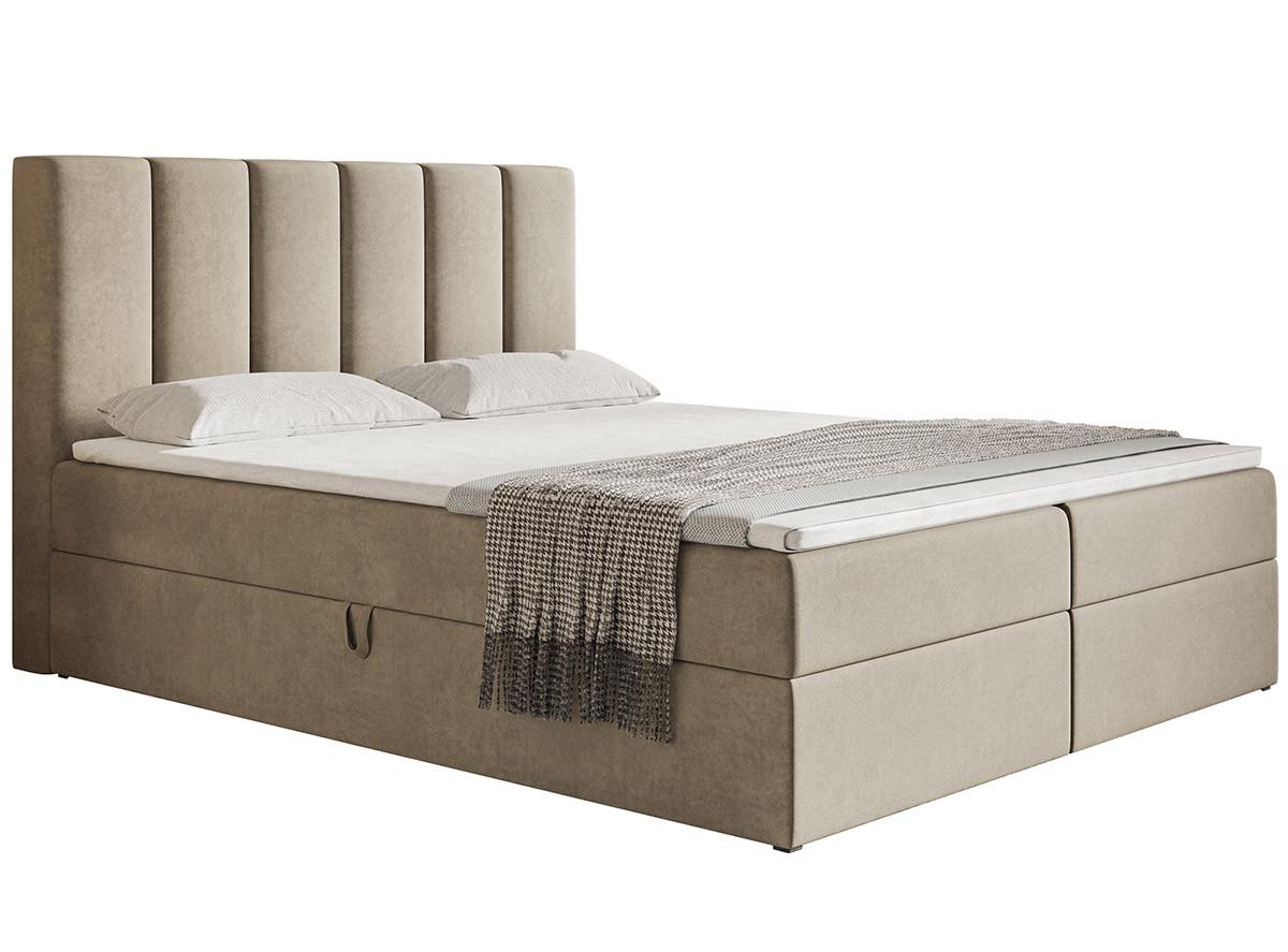 BOXBETT Bonio I 180/200 cm in Beige – mit Bettkasten und Topper - Beige/Schwarz, Holz/Holzwerkstoff (180/200cm) - AX Living