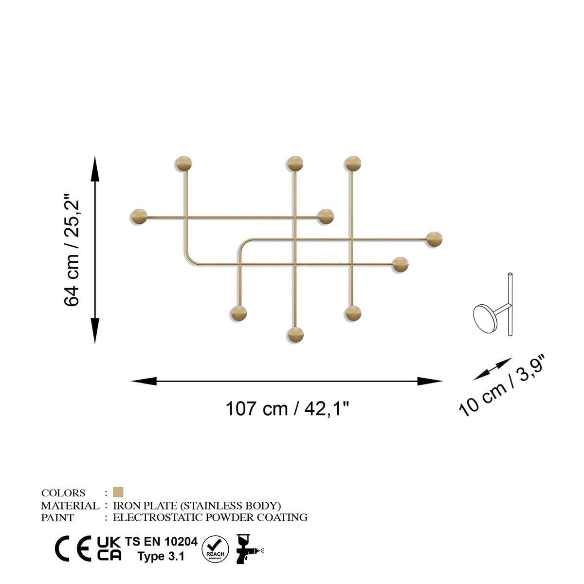 WANDGARDEROBE mit 9 Haken aus goldfarbenem Metall 107/10/64 cm - Goldfarben, Metall (10/64/10cm) - Calicosy