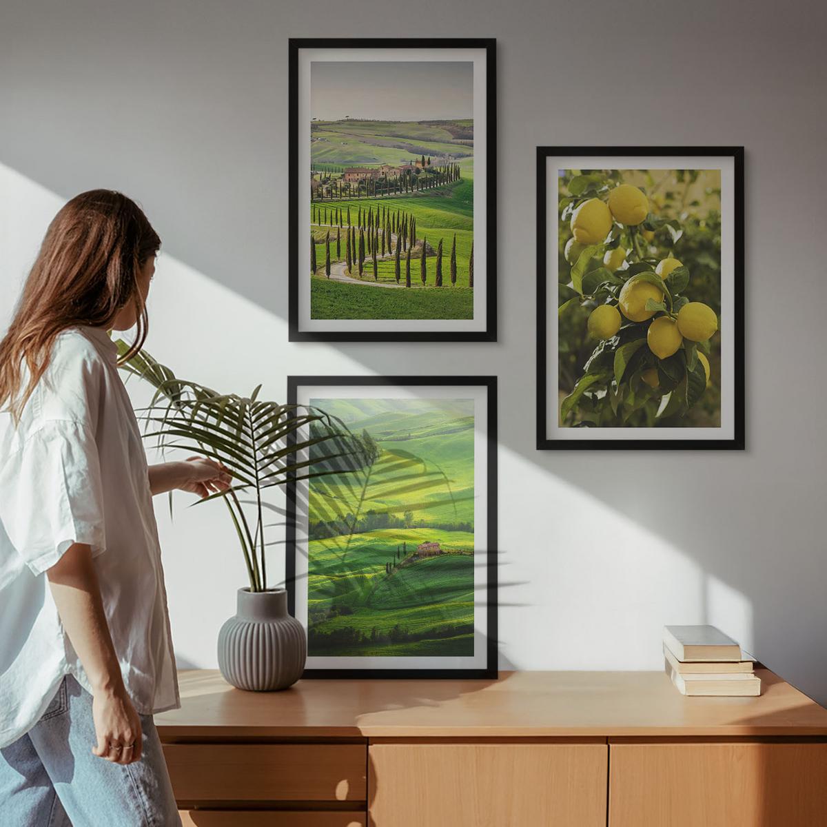 BILDER SET 3er Set - 40x60 cm Schwarzer Rahmen - Italienische Zitrusfrüchte und Hügel - Schwarz, Kunststoff (40/60cm) - TULUP