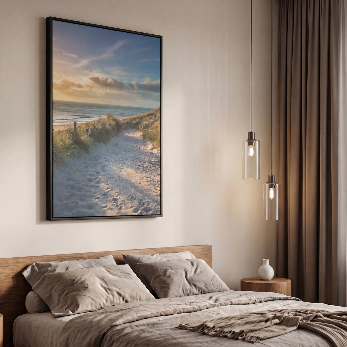 LEINWAND Bilder mit Rahmen - Sonnenuntergang - Strand - Düne - Gras - Ufer - 60x90 - Sandfarben, Textil (60/90cm) - MuchoWow