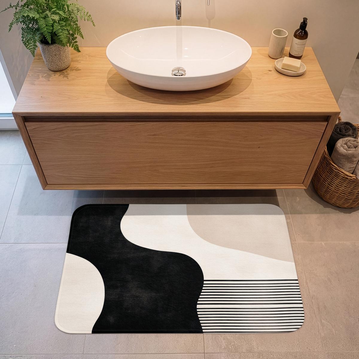 BADEMATTE Abstrakt - Japandi - Beige - Modern 90x60 cm - Beige/Schwarz, Textil (90/60cm) - OnlyWow