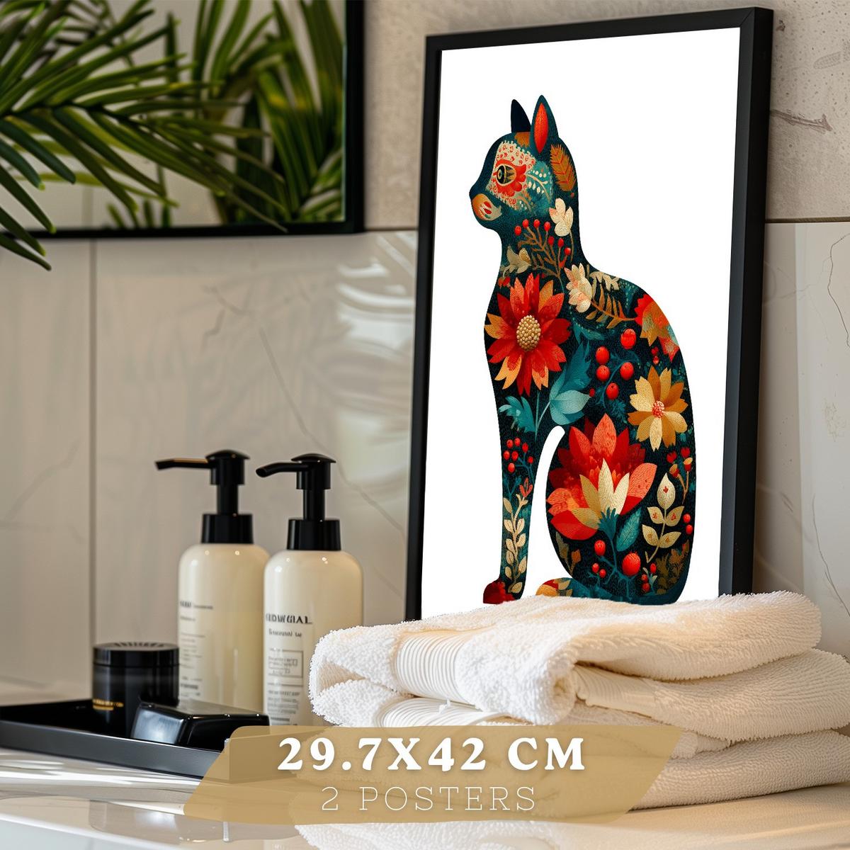 POSTER 2er-Set dekorative Badezimmer-Kunstdrucke, im Stil der Volkskunst für Wand, Toilette mit Vögeln und elegantem Blumen-Katzen Schwarzer Rahmen A3 - Schwarz, Papier (42/29.7/3cm) - Nacnic