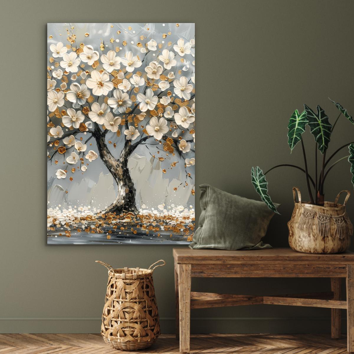 METALLBILD Baum - Blumen - Weiß - Natur - Kunst 80x120 cm - Weiß, Metall (80/120cm) - MuchoWow