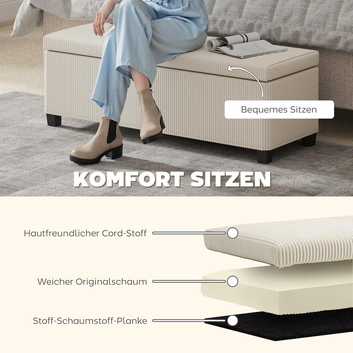 TRUHENBANK mit Cord-Optik, Stahlbeine, Beige - Beige, Metall (42/40/112cm) - HOMCOM