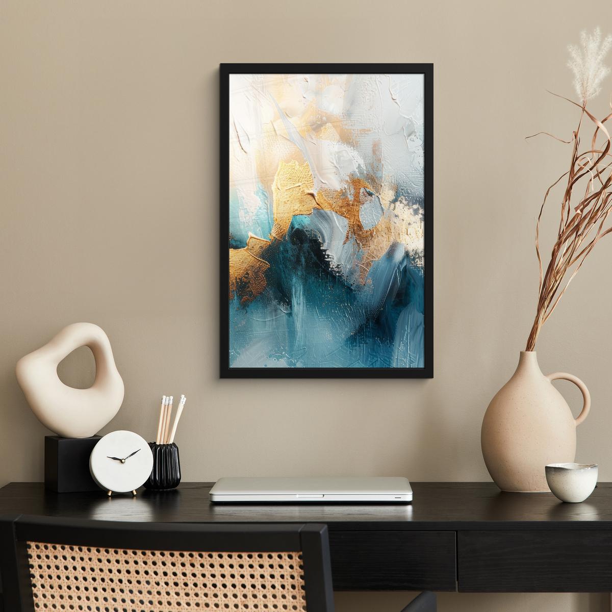 POSTER MIT RAHMEN Abstrakt - Kunst - Gold - Blau Bilder mit Rahmen 40x60 cm - Petrol, Papier (40/60cm) - MuchoWow