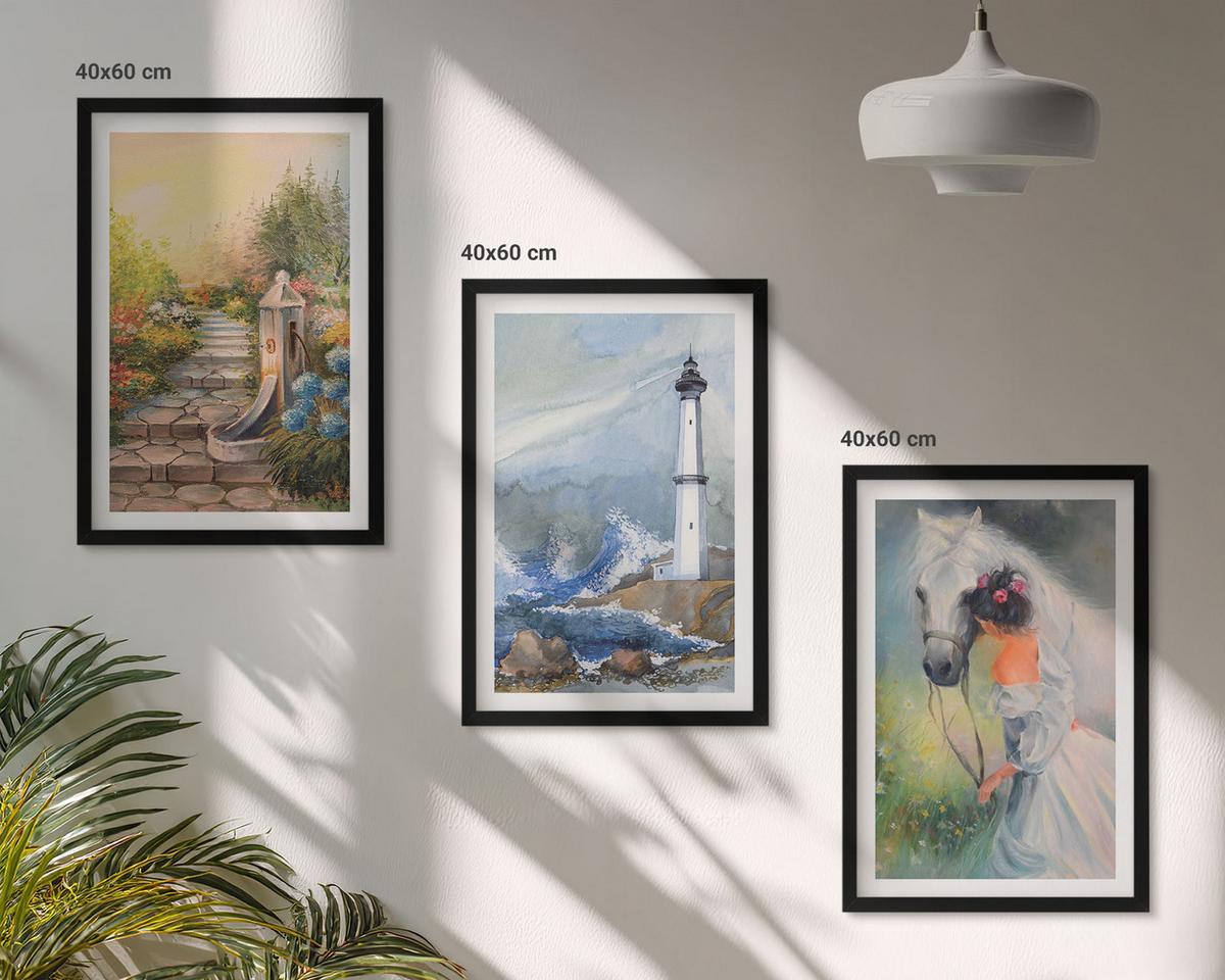 BILDER SET 3er Set - 40x60 cm Schwarzer Rahmen - Landschaft Leuchtturm Pferd Mädchen - Schwarz, Kunststoff (40/60cm) - TULUP