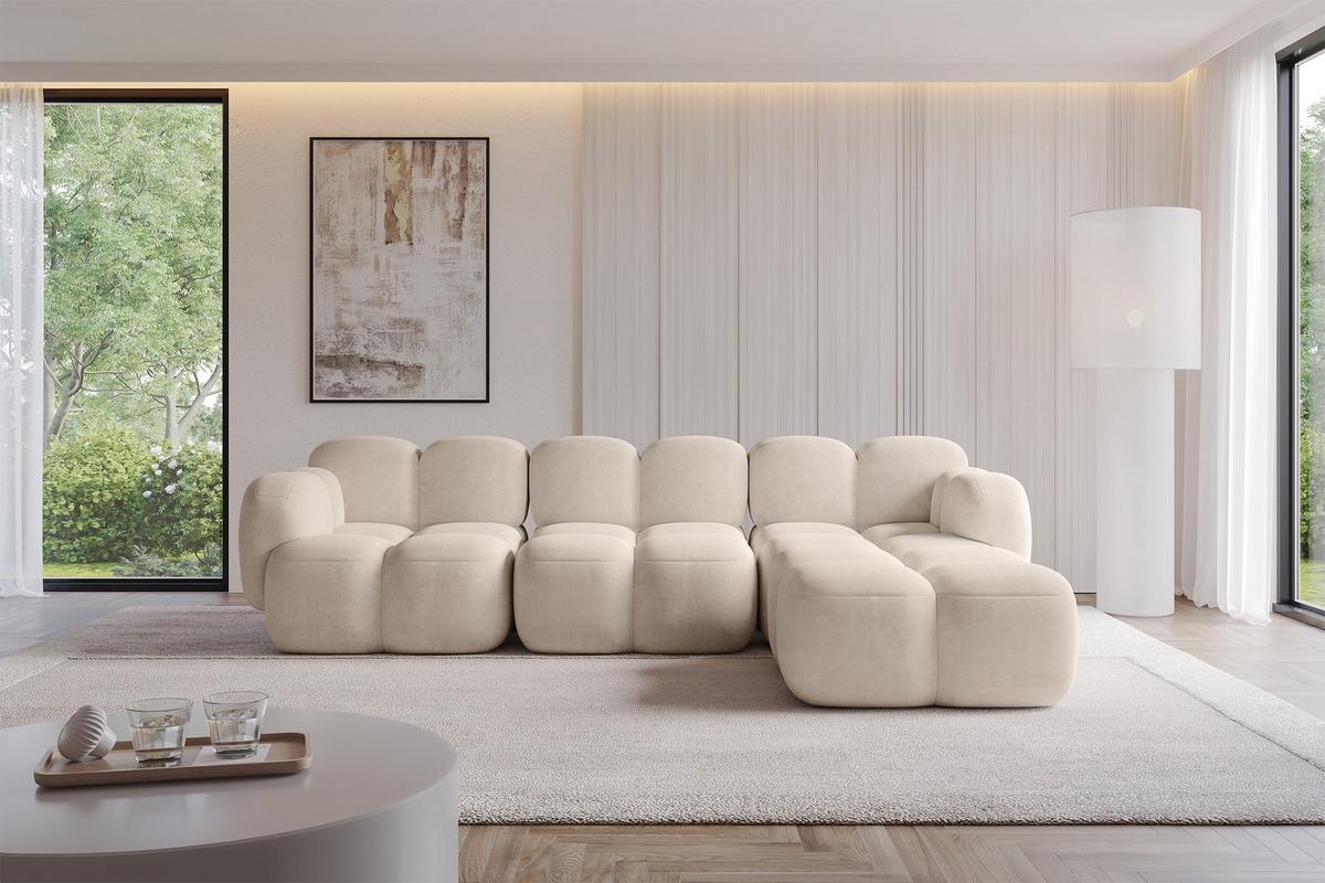 ECKSOFA modulares Sofa Rechts Miko-L2 302x205x75 Beige Velours - Ecru/Schwarz, Holzwerkstoff/Kunststoff (302/205cm) - ALTDECOR