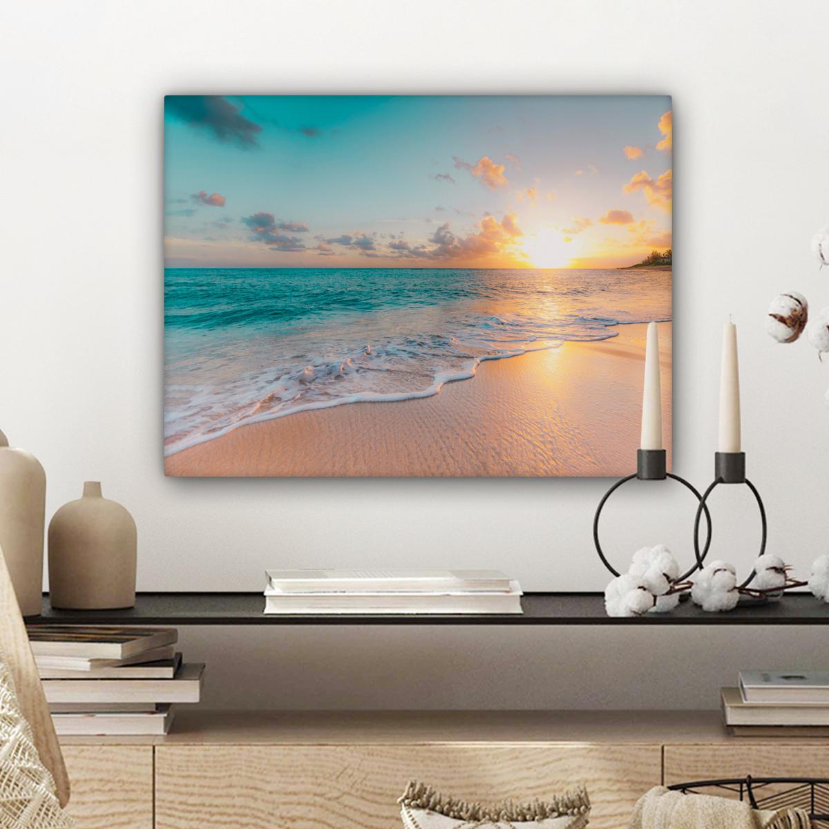 LEINWANDBILD Sonnenuntergang - Strand - Meer - Sommer - Blau Wandbild 40x30 cm - Multicolor, Textil (40/30cm) - MuchoWow