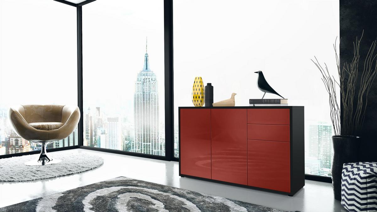 KOMMODE Ben Front in Bordeaux Hochglanz - Bordeaux, Holzwerkstoff (117/74/36cm) - Vladon