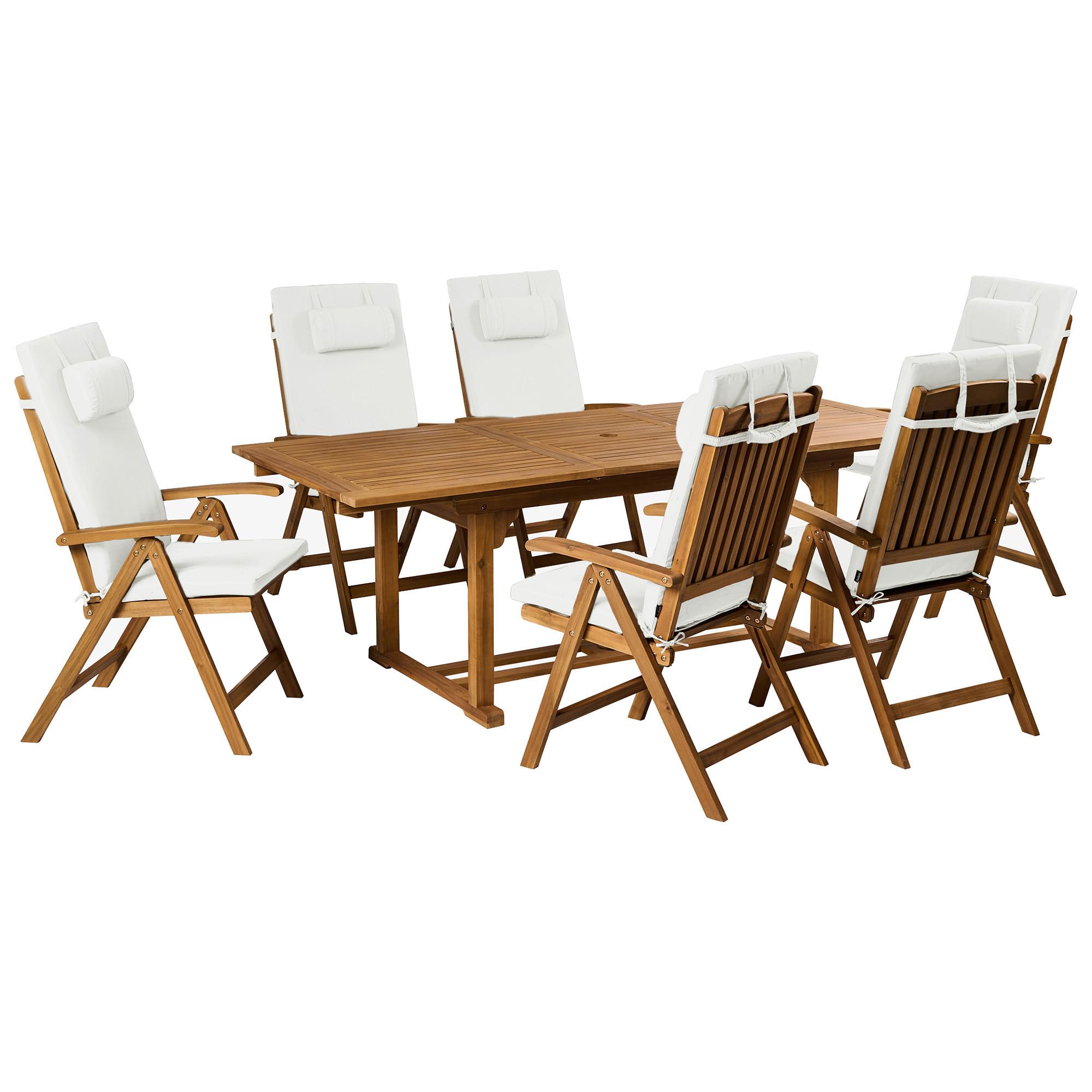 GARTENMÖBEL-SET 6-Sitzer Cremeweiß Akazienholz Java Premium - Hellbraun, Holz - Beliani