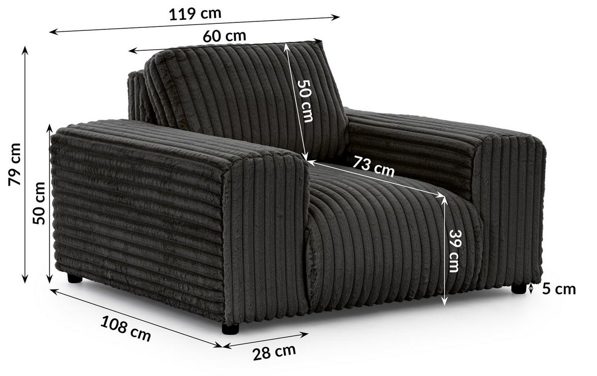 SESSEL Mollis Dunkelgrau Plüschcord - Dunkelgrau/Schwarz, Holz/Kunststoff (119/79/108cm) - S-Style Möbel