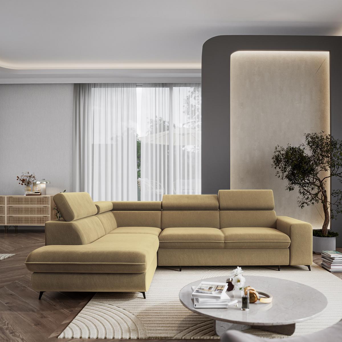 ECKSOFA VELISS Currygelb Veloursstoff mit Schlaffunktion - Currygelb, Holz (255/193cm) - MASSENO