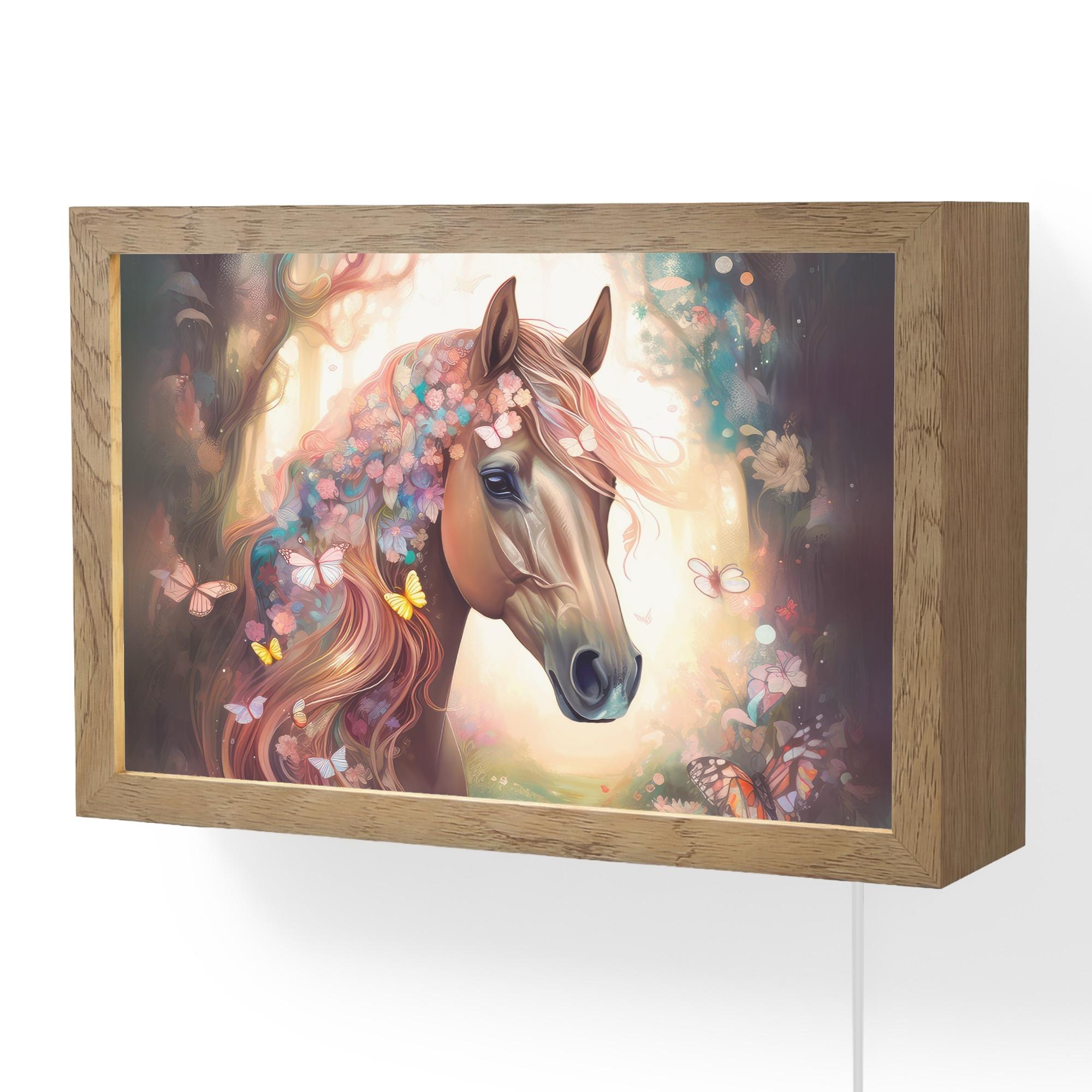 WANDLEUCHTE Pferd - Natur - Blumen - Schmetterlinge - Wald 30x20 cm - Dunkelbraun, Holzwerkstoff (30/20/8cm) - OnlyWow