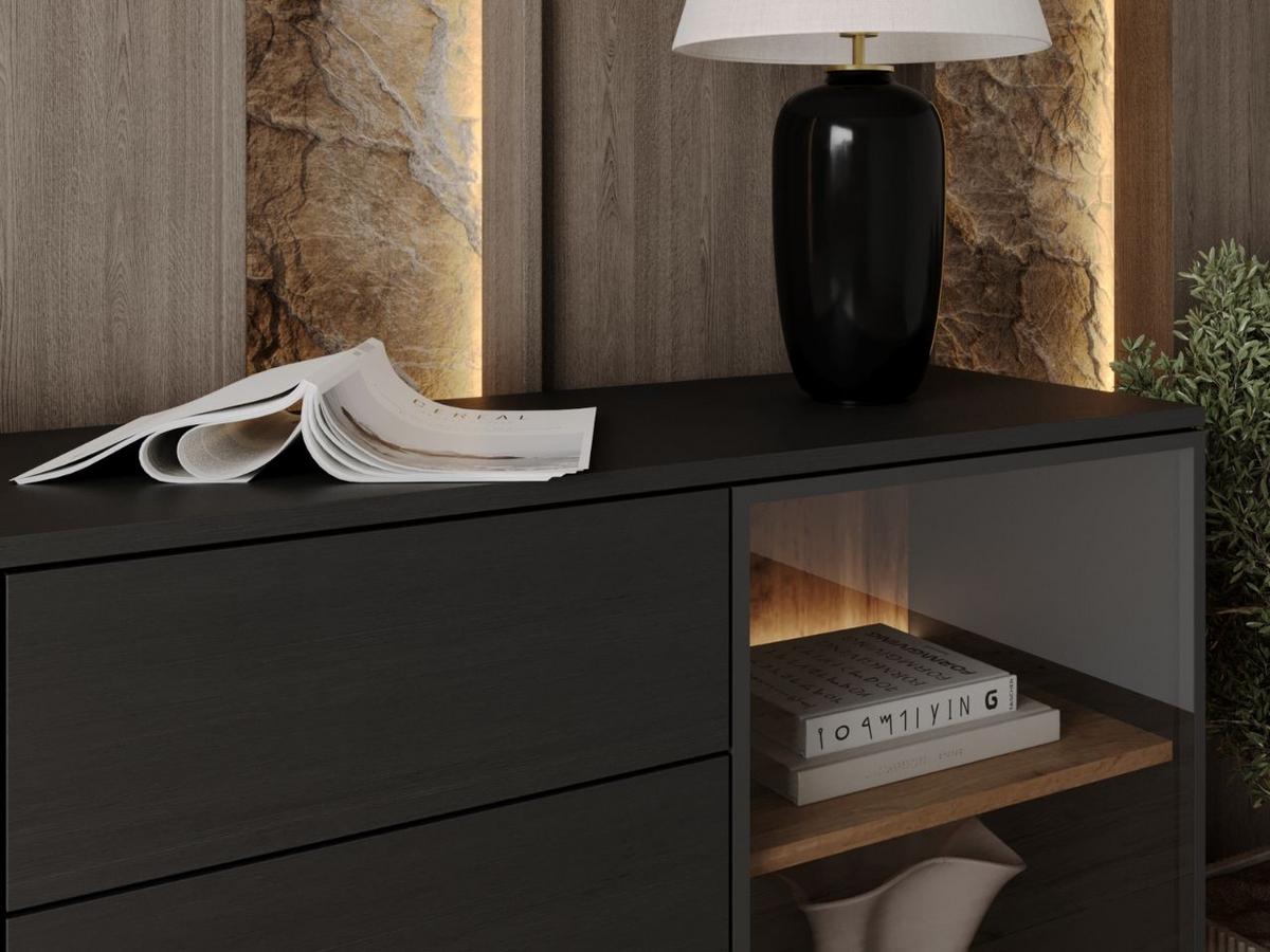KOMMODE Graphit, Wotan Eichefarben 154/83/39 cm Deo - Eiche Wotan/Schwarz, Glas/Naturmaterialien (154/83/39cm) - Graingold