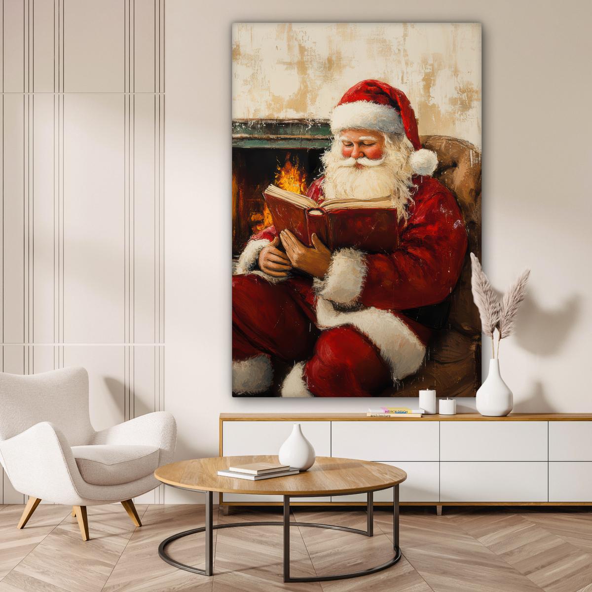 LEINWANDBILD Weihnachten - Weihnachtsmann - Winter - Open Fireside Deko Groß 90x140 cm - Dunkelrot, Textil (90/140cm) - MuchoWow