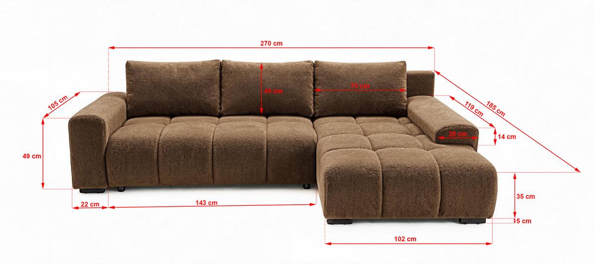 ECKSOFA Ovia mit Bettkasten und Schlaffunktion, Bouclé-Stoff in L-Form - Braun, Textil (270/185cm)