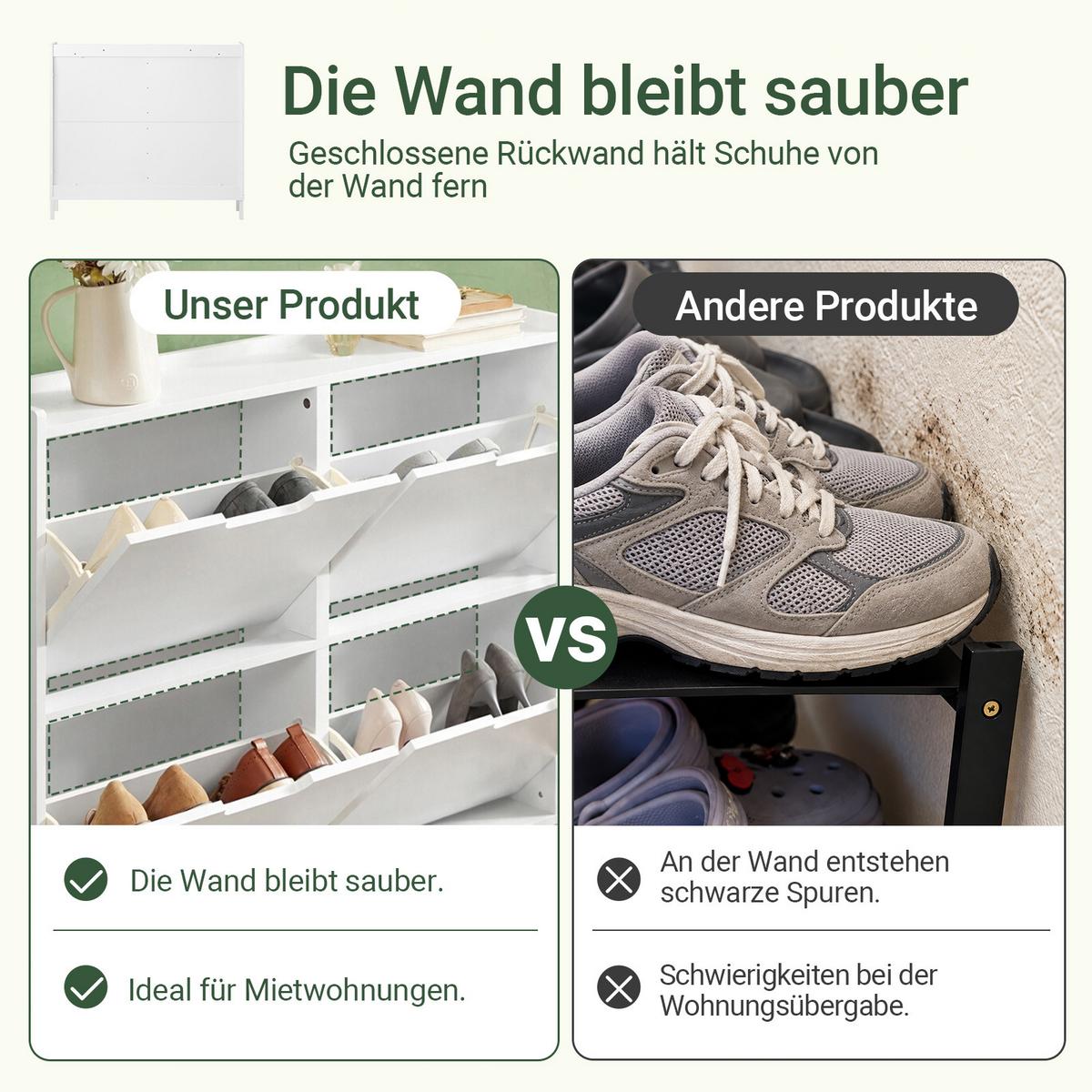 SCHUHKIPPER mit 4 Klappen, schmaler Schuhschrank Weiß, 100x91x19 cm, nur 19 cm tief, skandinavisch, Flur & Diele, - Weiß, Holzwerkstoff/Metall (100/91/19cm) - SoBuy