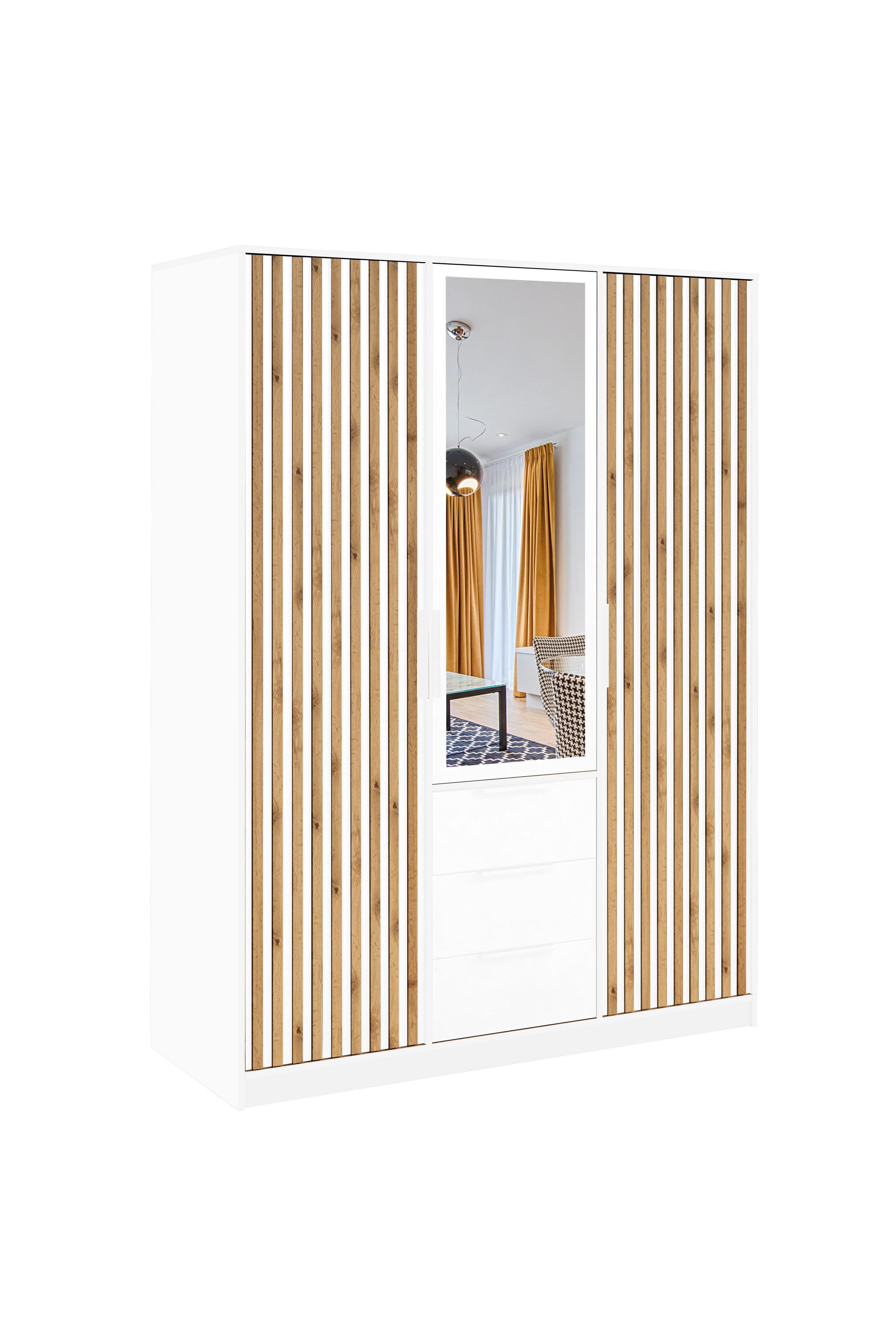 DREHTÜRENSCHRANK GAREN 149/200/57,5 cm 3-türig mit Spiegel Weiß - Weiß, Holzwerkstoff (149/200/57.5cm) - MASSENO