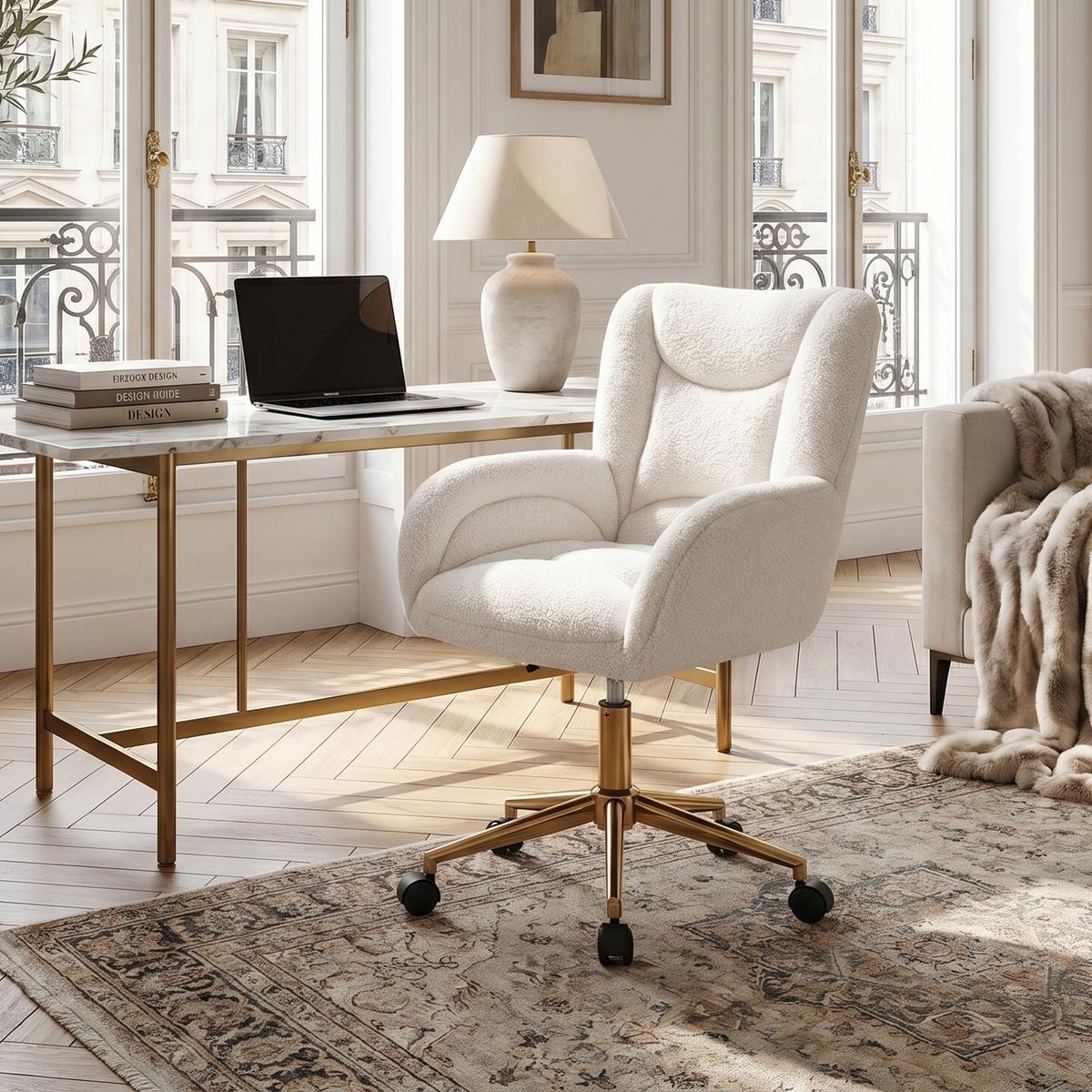 BÜROSTUHL teddy-stoff weiß & gold, höhenverstellbar & 360° drehbar - Weiß, Textil (64/92.5/62cm) - Urban Meuble