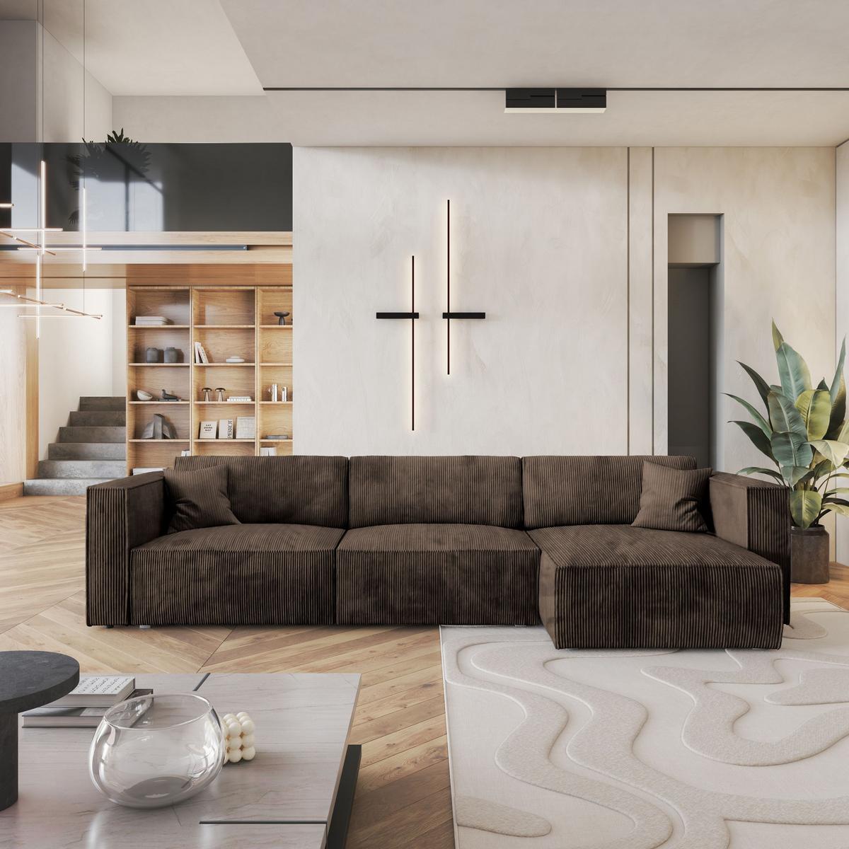 ECKSOFA TOLMO P Braun Kordstoff mit Schlaffunktion - Braun/Grau, Holz/Kunststoff (347/148cm) - MASSENO