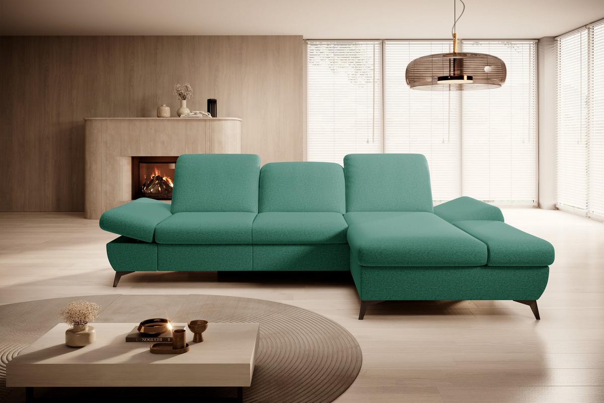 ECKSOFA FELICE R-S Grün Geflochtener Stoff mit Schlaffunktion - Grün, Holz (284/166cm) - MASSENO