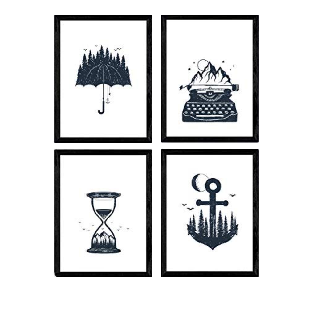 POSTER Set mit 4 Natur im nordischen Stil Zeit im Wald in blauweiß A3 Rahmenlos - Klar, Papier (29.7/3cm) - Nacnic