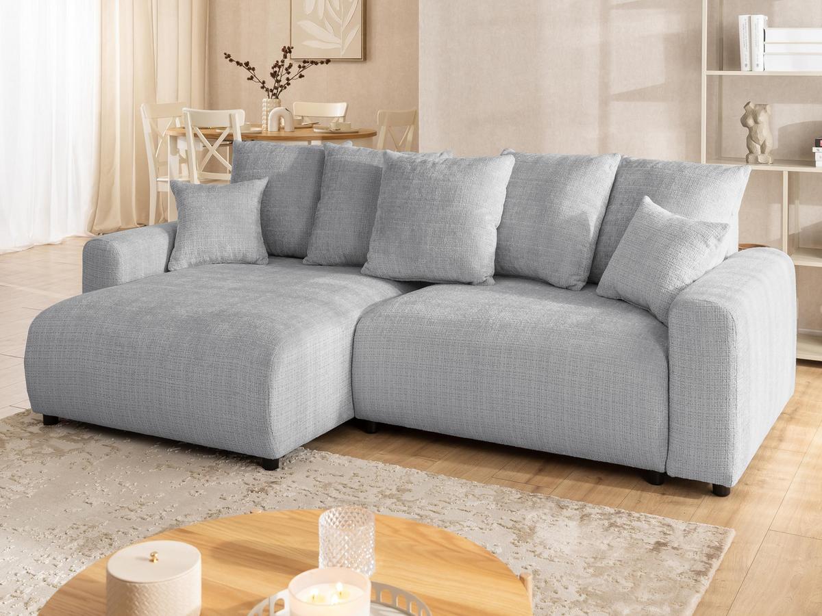 ECKSOFA Calma mit Schlaffunktion und Bettkasten im Bumpy-Design aus weichem Hellgrau Chenille-Stoff - Ottomane links - Beige/Hellgrau, Holz/Kunststoff (140/239cm) - S-Style Möbel