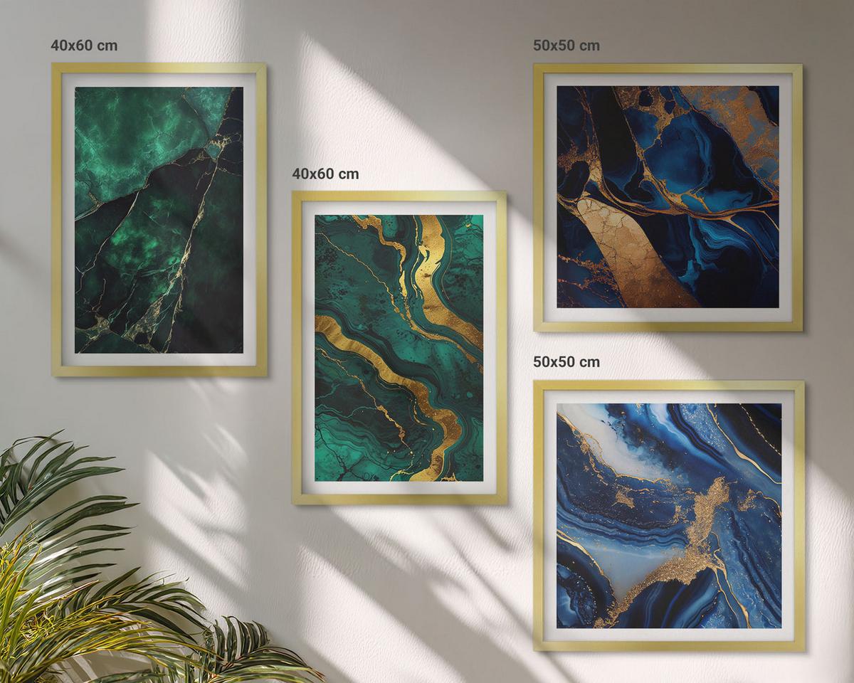 BILDER SET 4er Set - 50x50 cm & 40x60 cm Goldrahmen - Elegante Muster auf Steinen - Goldfarben, Kunststoff (50/50cm) - TULUP