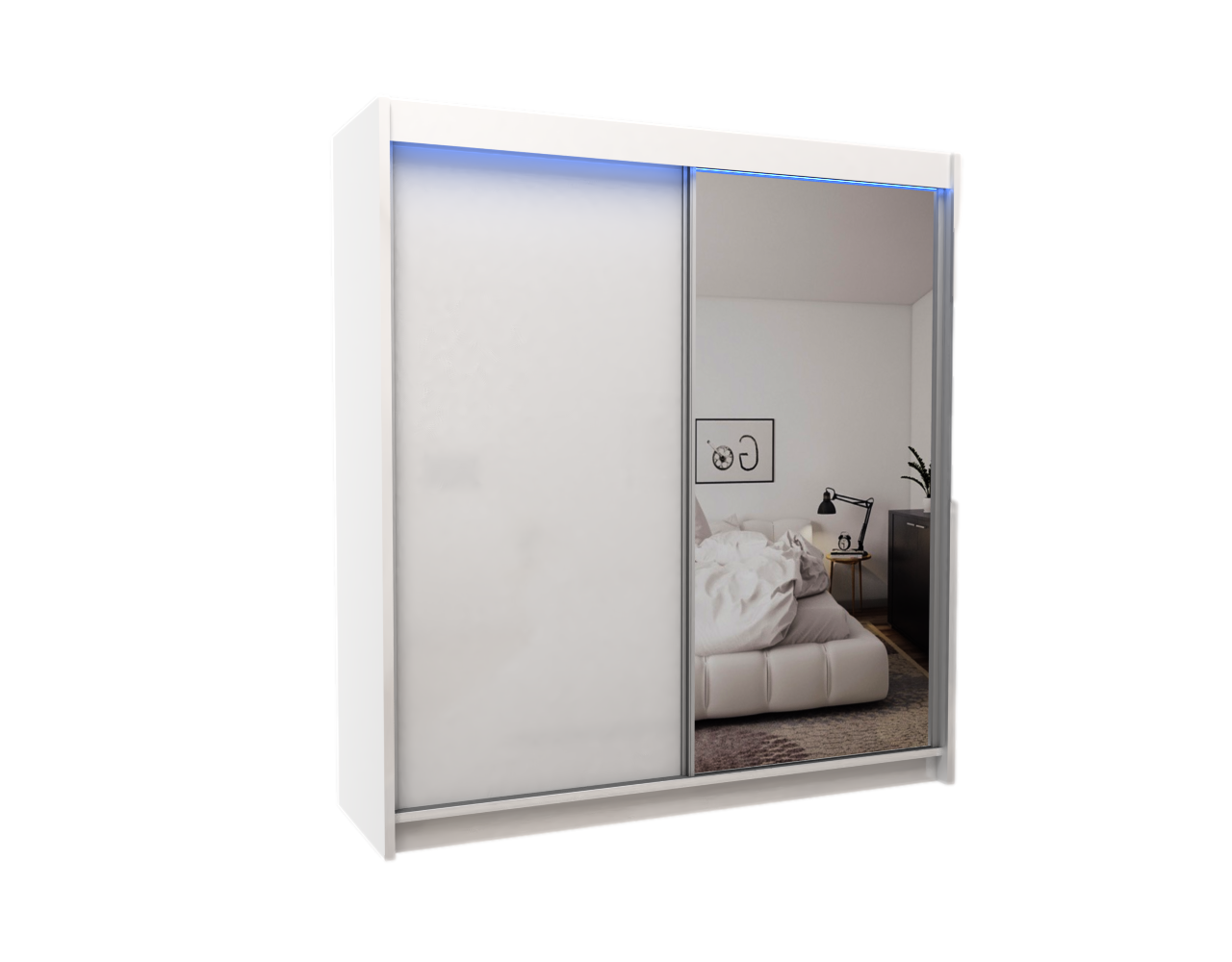 KLEIDERSCHRANK mit Spiegel-Schiebetüren und Aluminium-Leisten, LED-Beleuchtung - PARTI - 200 cm Weiß - Weiß, Holzwerkstoff (200/216/61cm) - ALTDECOR