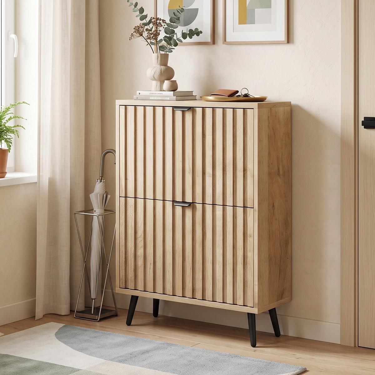 SCHUHESCHRANK Eichenfarben Mid-Century Mit 2 Kippfächern - Eichefarben, Holzwerkstoff (60/95/24cm) - Urban Meuble