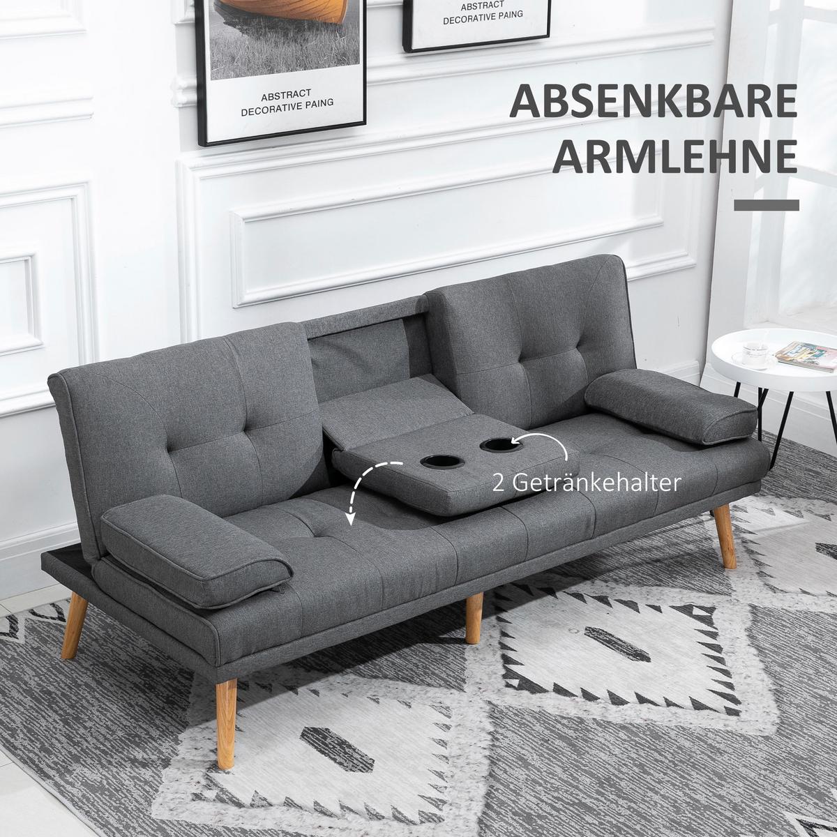 SCHLAFSOFA 3-Sitzer-Sofa Bettsofa mit Klappbarem Tisch Stoffsofa mit Leinenoptik - Dunkelgrau/Naturfarben, Holz/Textil (77/78/181cm) - HOMCOM