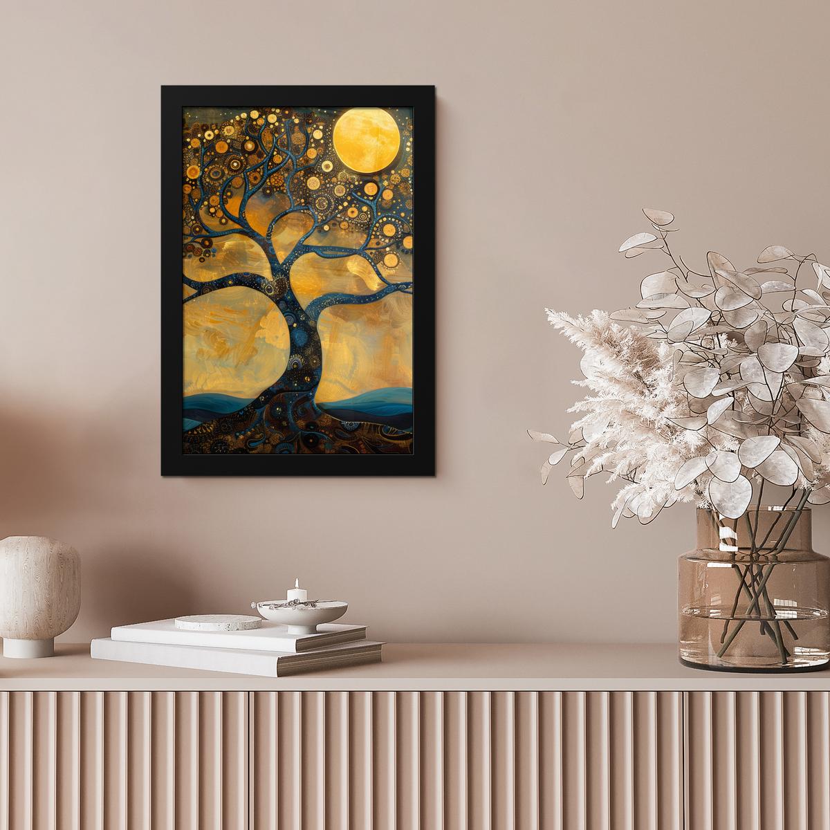 POSTER MIT RAHMEN Baum - Mond - Blumen - Gold - Kunst Poster 20x30 cm - Orange, Papier (20/30cm) - MuchoWow