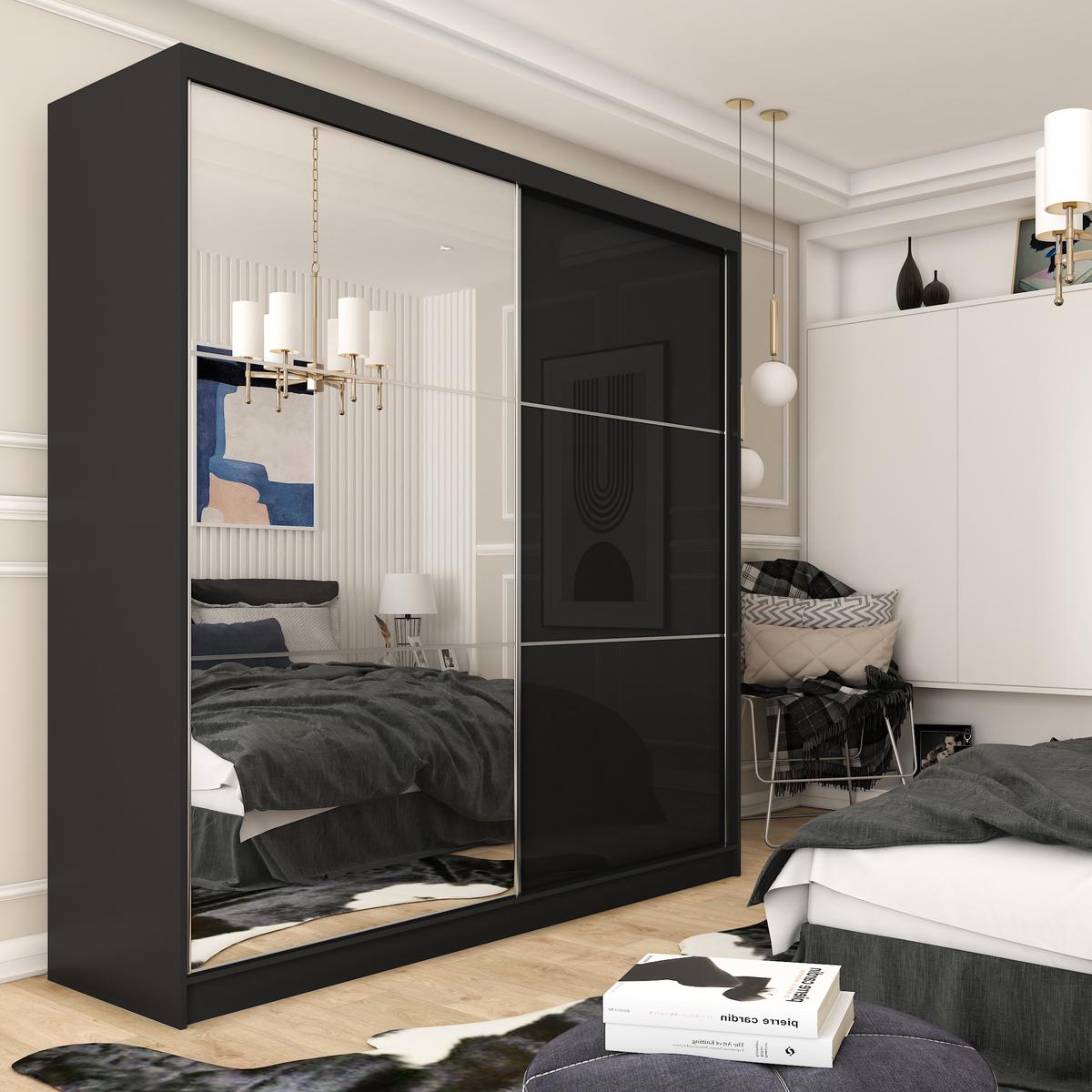 SCHWEBETÜRENSCHRANK VITALE 200/216/61 cm 2-türig mit Spiegel Schwarz - Schwarz, Holzwerkstoff (200/216/61cm) - MASSENO