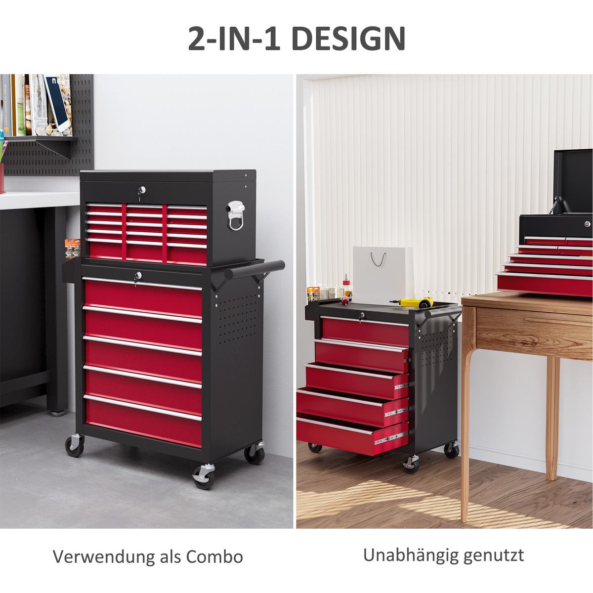 WERKSTATTWAGEN mit Rollen, mit 14 Schubladen, Rot - Rot, Metall (33/75/76cm) - HOMCOM