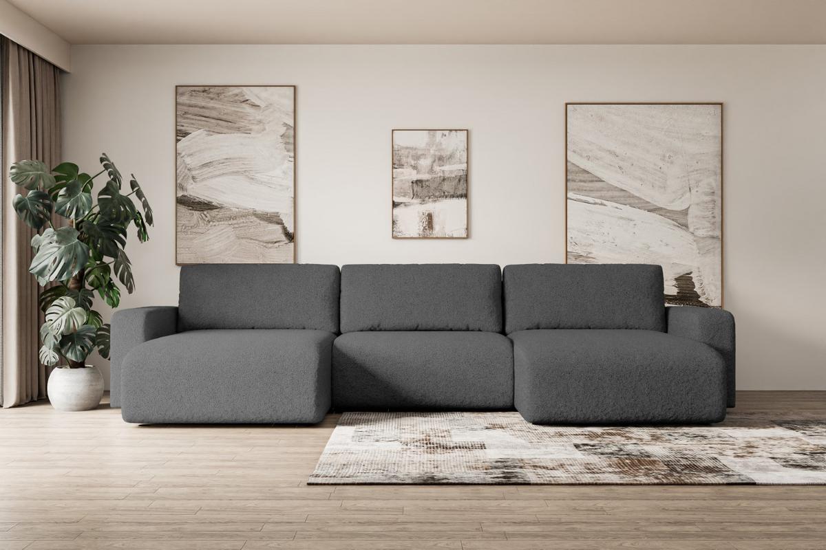 WOHNLANDSCHAFT mit Schlaffunktion und Bettkasten KLEEA-U - 347x143x83 cm Grau Bouclé - Schwarz/Grau, Holzwerkstoff/Kunststoff (347/83/143cm) - ALTDECOR