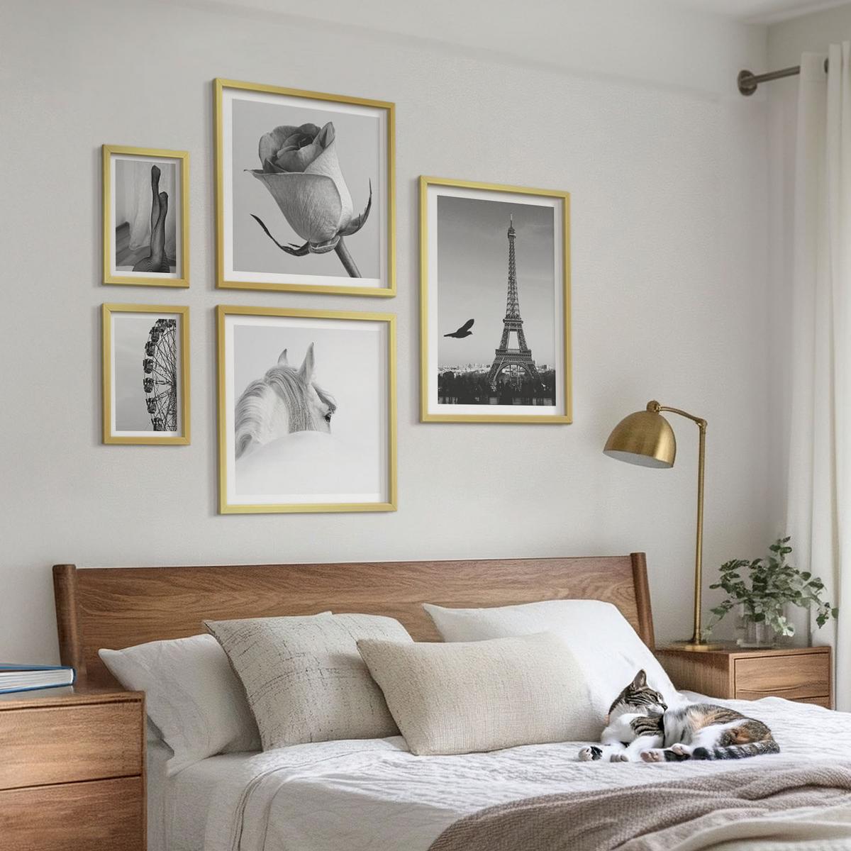 BILDER SET 5er Set - 50x50 cm & 20x30 cm & 40x60 cm Goldrahmen - Abstrakte warme Muster - Goldfarben, Kunststoff (40/60cm) - TULUP